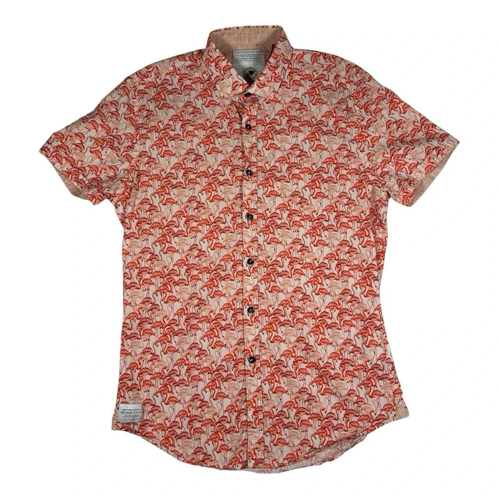A Fish Named Fred Mens L Pink Flamingo AOP Short Sleeve Stretch Button Up Shirt